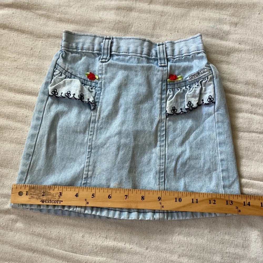 VINTAGE 80s 90s Skirt Denim Lace Grunge 6 Kids Dress Roses Light Wash Acid Mini